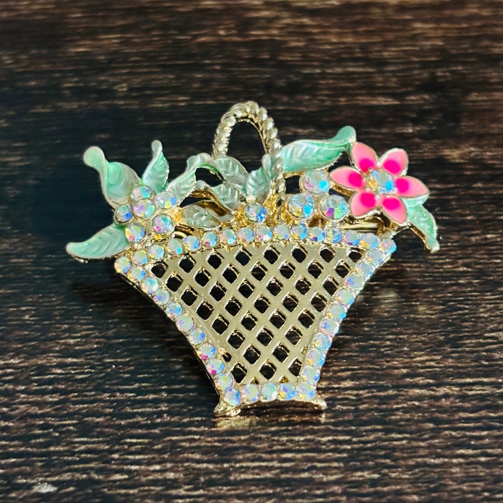 Vintage Gold Tone Rhinestone Flower Basket Brooch Pin Enamel Pink Green AB